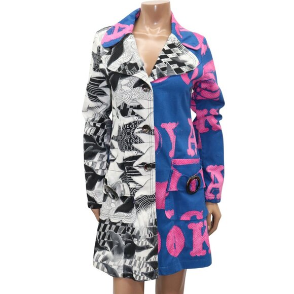 RARE 90s CUSTO BARCELONA Bold Graphic Print Color Block Trench Coat *STATEMENT* - Picture 2 of 11